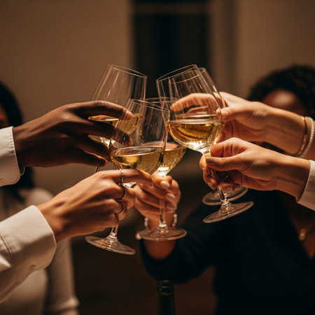 cropped view of multicultural friends clinking glasses with champagne at partyの素材