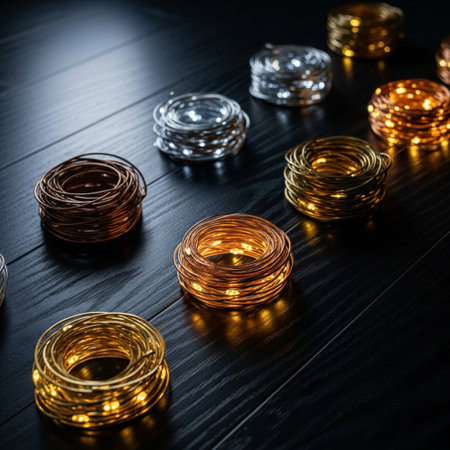 LED strip on black wooden background. Lighting equipment. Close up.の素材