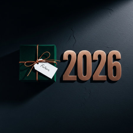 New Year 2016 greeting card with green gift box and wooden numbers on black backgroundの素材