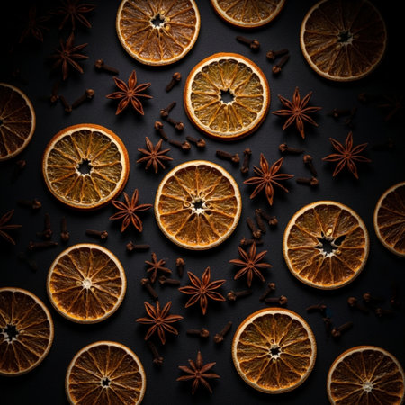 Dried orange slices with star anise and cloves on black backgroundの素材