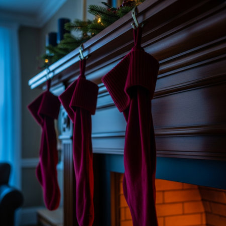 Christmas socks hanging on the fireplace in the living room. Christmas and New Year conceptの素材