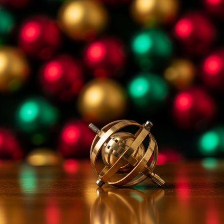 Merry Christmas and Happy Holidays greeting card. Golden Christmas ball and colorful bokeh background.の素材