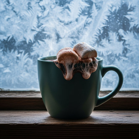 Mug of hot chocolate with marshmallows on the windowsillの素材