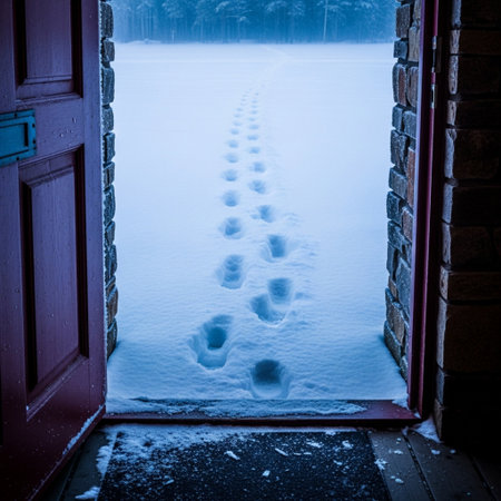 Footprints in the snow at the entrance to a wooden house.の素材