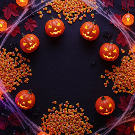 Halloween background with pumpkins, candies, spiders and cobwebsの素材