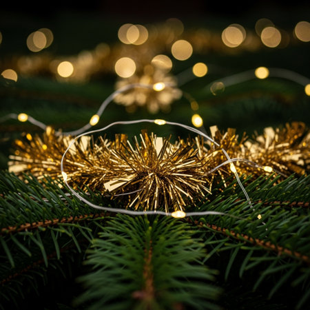 Christmas decoration on green fir tree branch with bokeh background.の素材