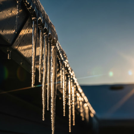 Icicles hanging from the roof of a house in winter.の素材