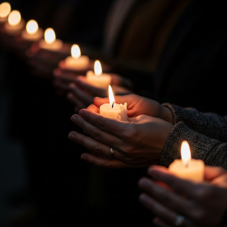 Candles in the hands of men and women on a dark backgroundの素材