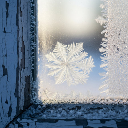 Frosty natural pattern on the window glass. Winter background.の素材