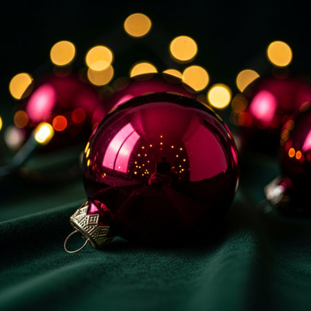 Christmas balls on green background with blurred lights. Shallow depth of field.の素材
