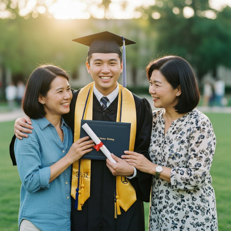 Happy asian students in graduation gowns and mortarboard holding diplomasの素材