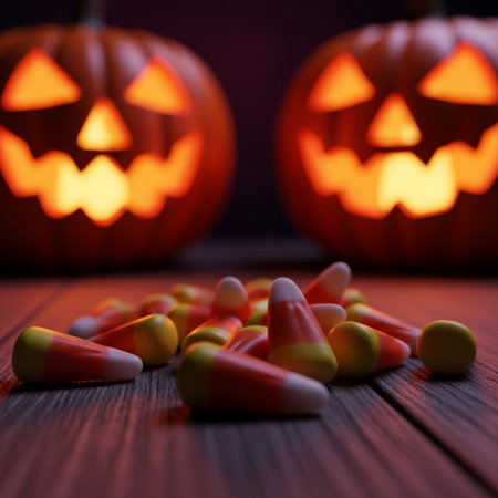 Halloween pumpkin with candy corn on wooden background, shallow depth of fieldの素材