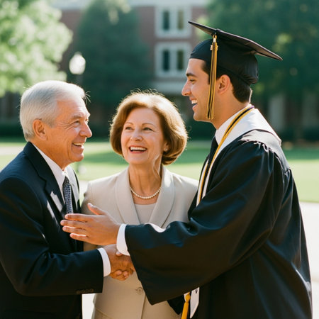 senior couple in graduation gowns shaking hands with professor in parkの素材