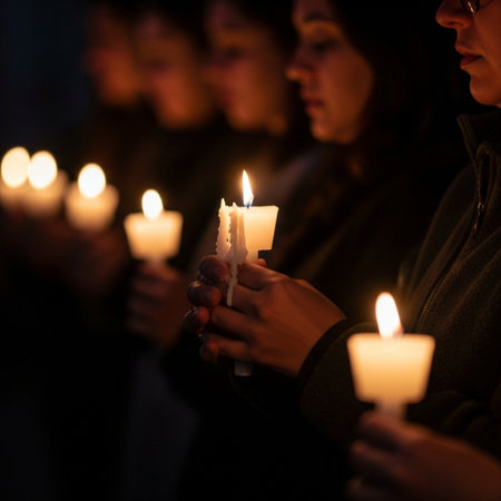 Candle light in hands of a group of people in the churchの素材