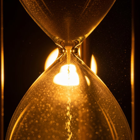 Close up of an hourglass with flowing sand on a black backgroundの素材