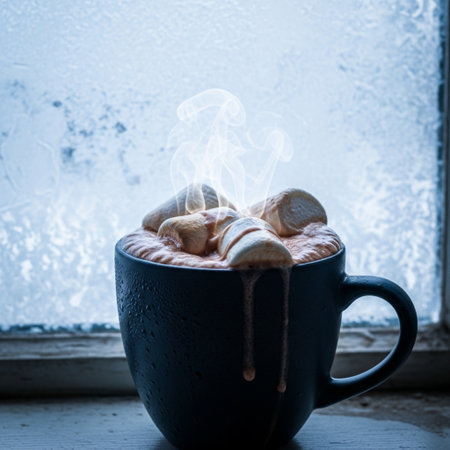 Hot chocolate with marshmallows in a blue cup on the windowsill. Toned.の素材