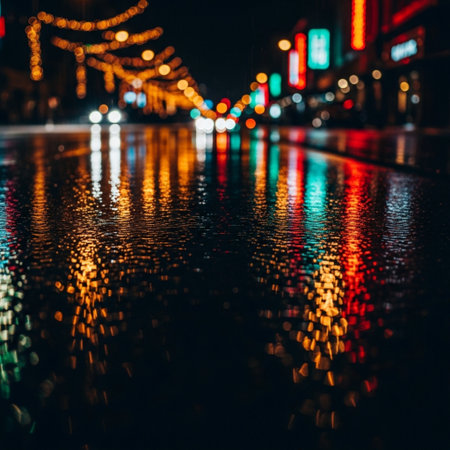 Rain drops on the wet street. Blurred bokeh backgroundの素材