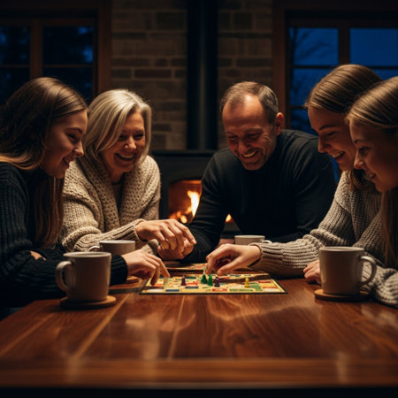 Group of friends playing board game in front of fireplace at home.の素材