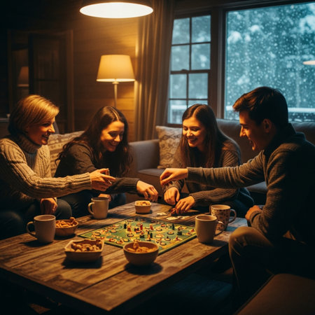 Group of young friends playing board games in the room at home.の素材
