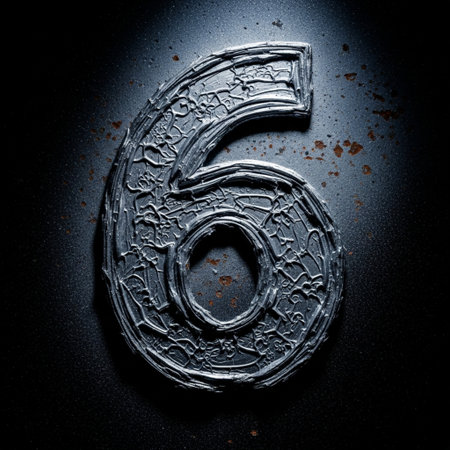 Number six painted on a metal surface. Black background. Toned.の素材