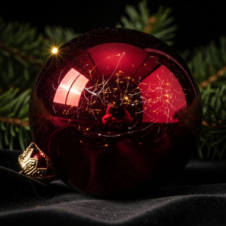 Christmas and New Year still life with red glass ball on black backgroundの素材