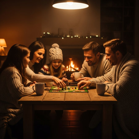 Happy family playing board game at home. Mother, father and children sitting at the table and having fun.の素材