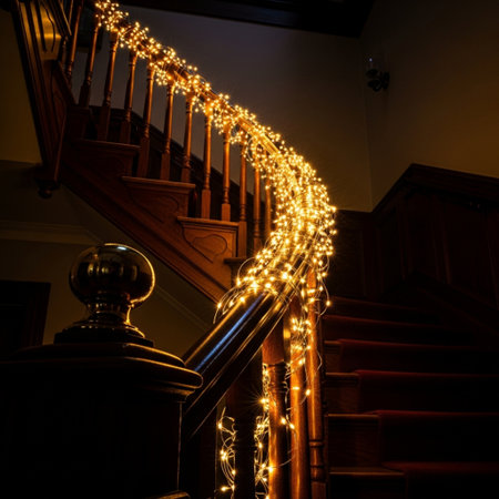 Staircase with a light garland. Decoration of the stairs.の素材