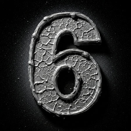 Metal number six on black background. 3D illustration. Grunge metal texture.の素材
