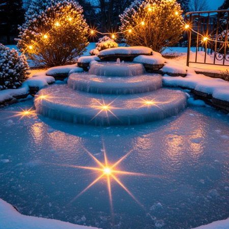 Fountain in the park at night covered with snow. Winter landscape.の素材