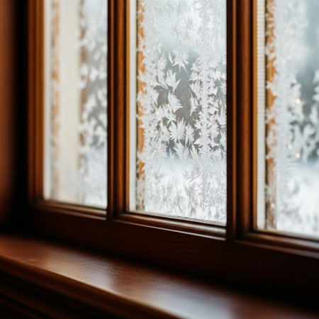 Winter window with snowflakes and frost on the glass. Winter backgroundの素材