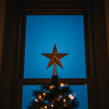 Christmas tree with star on the background of the blue sky in the windowの素材