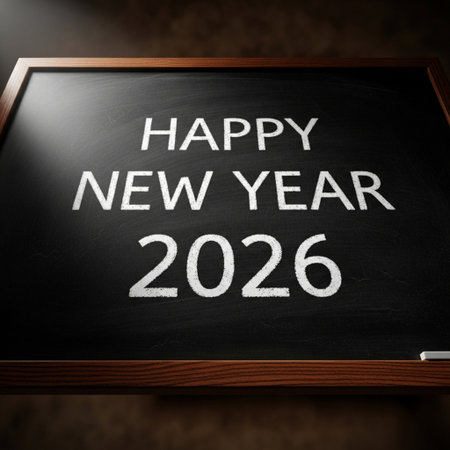 Happy New Year 2016 - blackboard on wooden background, 3D renderingの素材