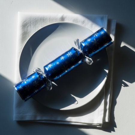 Christmas or New Year table setting with blue and white polka dot christmas crackers on white plate.の素材