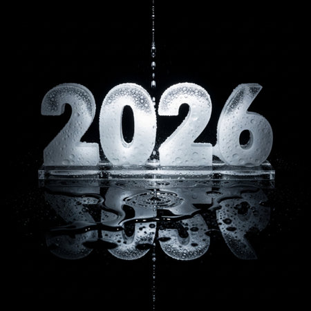 Water drops forming the number 2016 on a black background with reflection.の素材