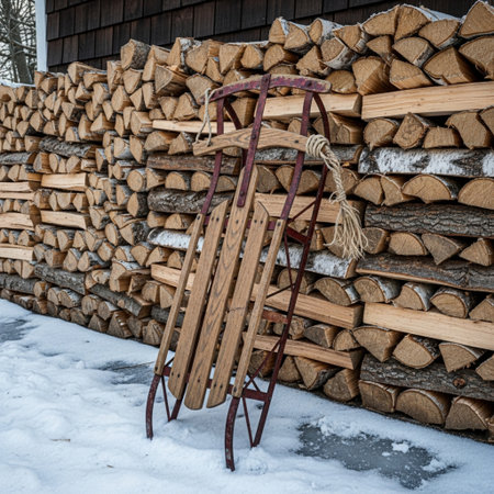 Woodpile of firewood in winter with a wooden sleighの素材