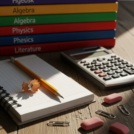 Back to school concept. Stack of books, calculator, pencil and eraser on wooden tableの素材