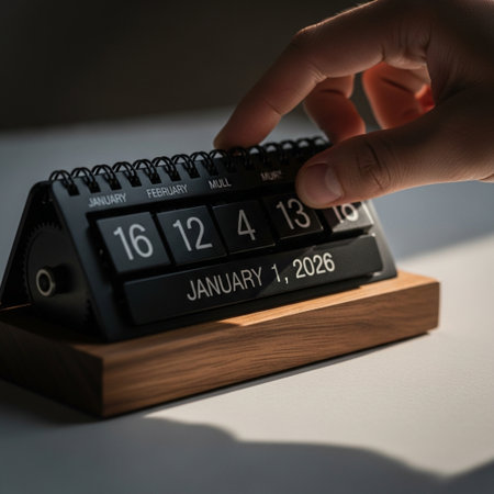 Calendar in hand on a light background. The calendar is marked with the month of January.の素材