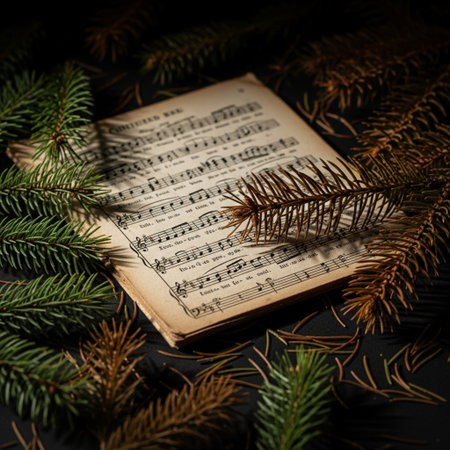 Christmas music sheet with fir branches on a black background. Toned.の素材