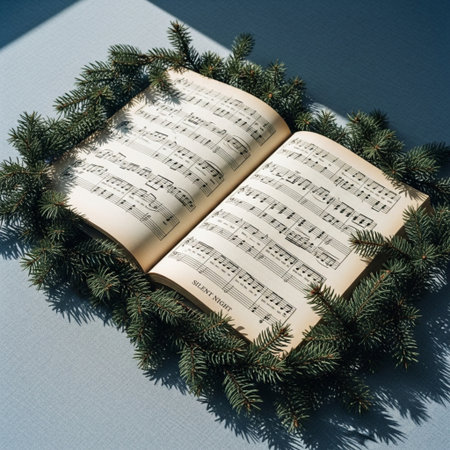 Christmas music sheet with fir branches on a blue background. Top view.の素材