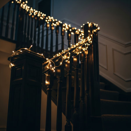 Decorated wooden stairs with glowing garland. Bokeh effectの素材
