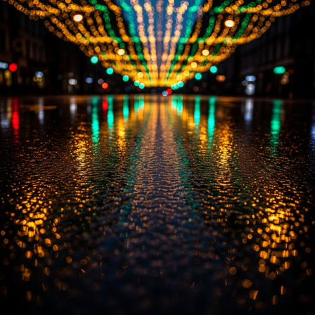 Reflection of Christmas lights on the wet pavement in the city.の素材