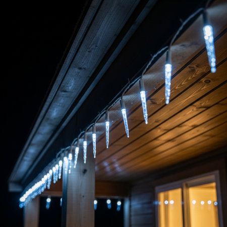 Christmas lights on a wooden wall in the background of a wooden houseの素材
