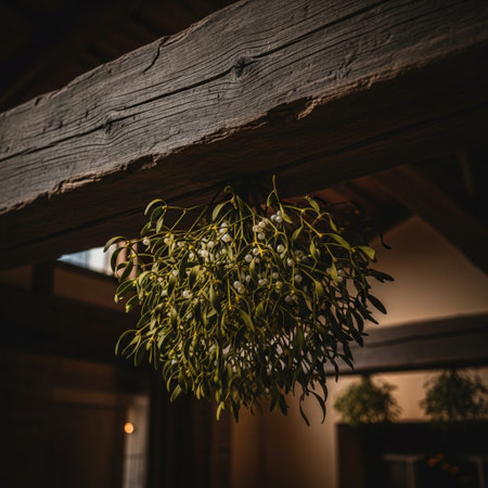 Mistletoe on a wooden ceiling in the interior of a restaurantの素材