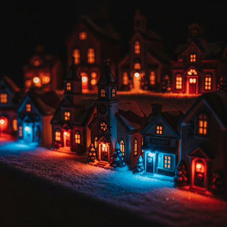Christmas and New Year holiday concept. Christmas miniature houses on snow at night. Festive decoration. Selective focusの素材
