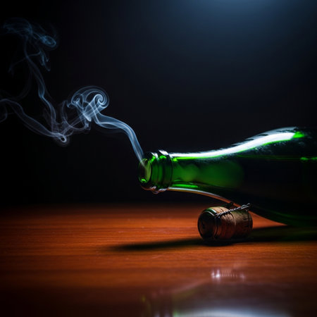 bottle of wine on a wooden table with smoke and black backgroundの素材