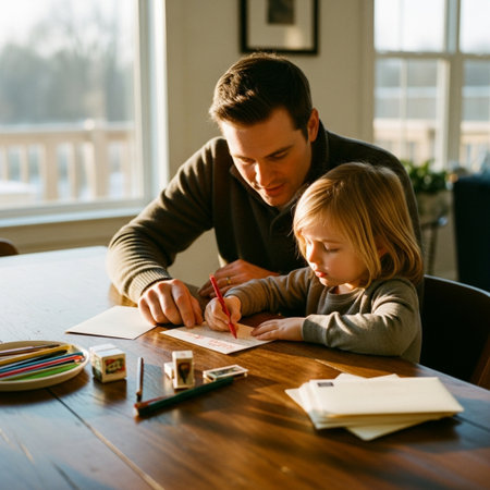 Young father helping his little daughter with homework at home. Happy family concept.の素材
