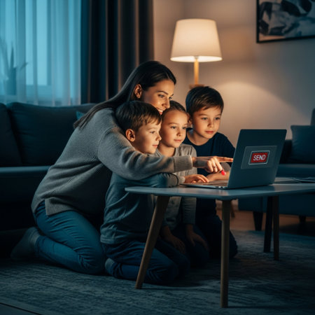 Mother and children using laptop while sitting on floor in living room at homeの素材