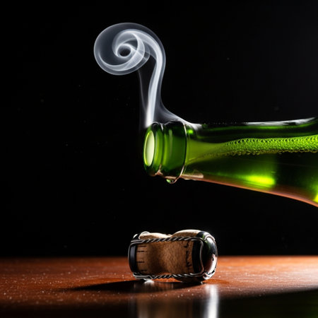 Wine bottle with a cork and smoke on a black backgroundの素材