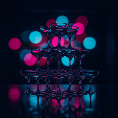 Empty wine glasses on a dark background with colorful bokeh.の素材