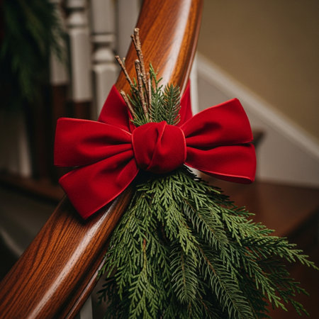 Christmas tree branch with red bow on a wooden chair in the roomの素材